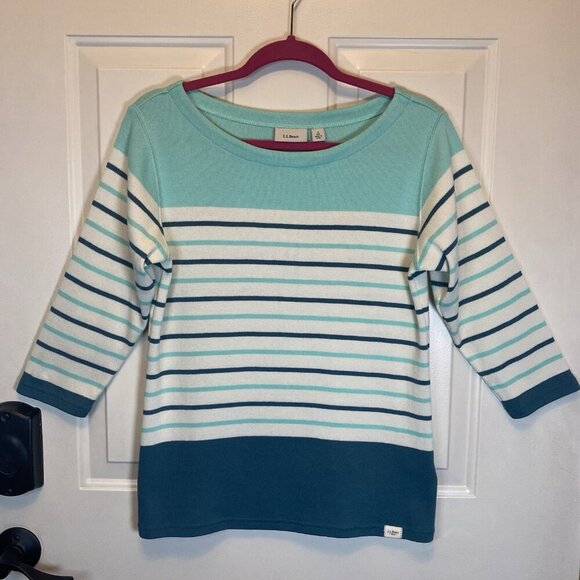 LL Bean Cotton Knit Sweater Sz S Women’s 3/4 Sleeve Boat Neck Stripes #501776 - Picture 1 of 11